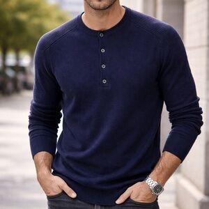 Vince Navy Cashmere Wool Henley Sweater Size Small Ribbed Shoulder Sleeve Detail